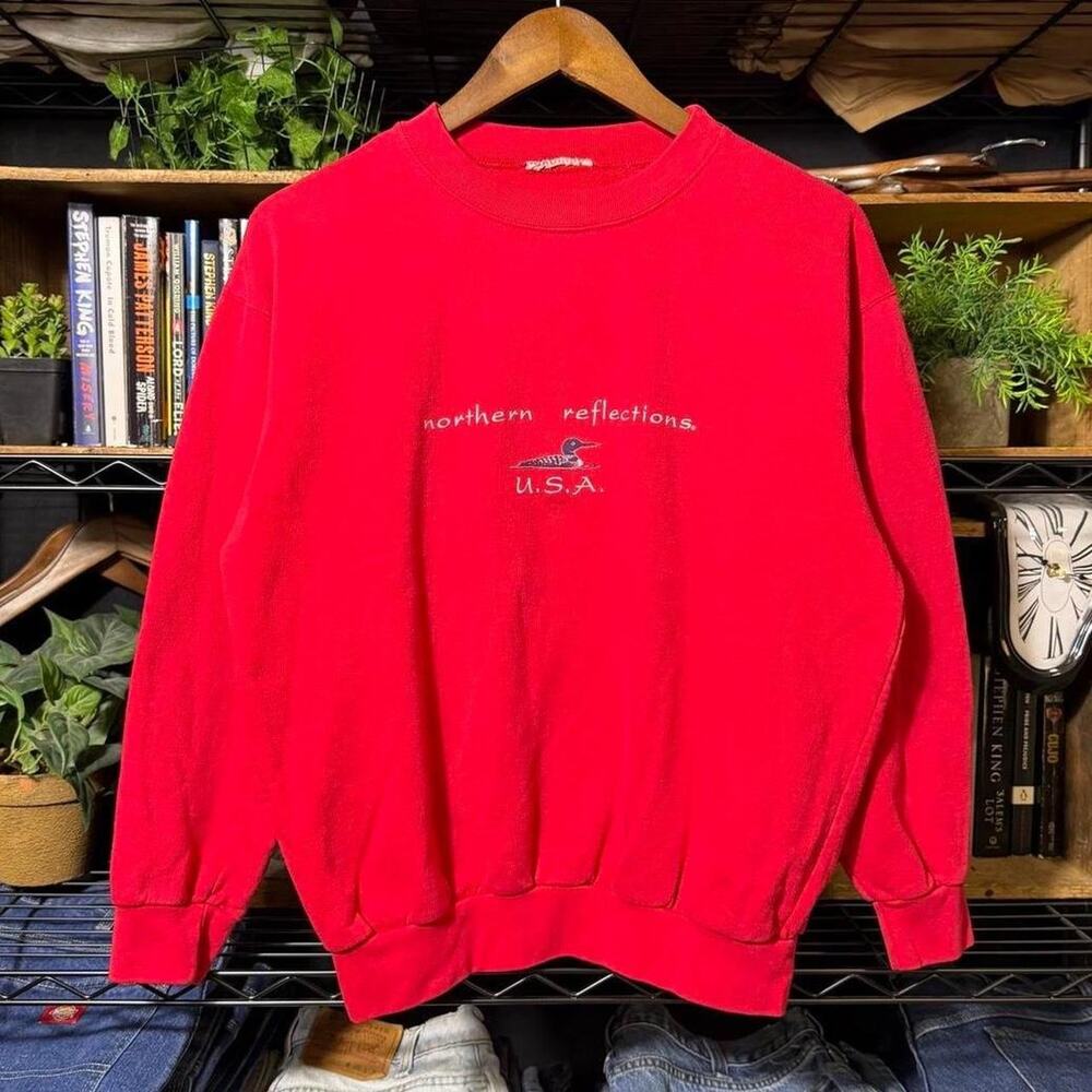 Vintage 90s Northern Reflections Loon Duck Crewneck Red Animal Nature Sweatshirt